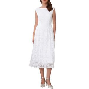Wedding Guest Lace Boat Neck Vintage Formal Cocktail Midi Dress White